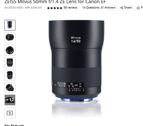 Milvus 50mm f/1.4 ZEISS Milvus 50mm f/1.4 ZE Lens for Canon EF