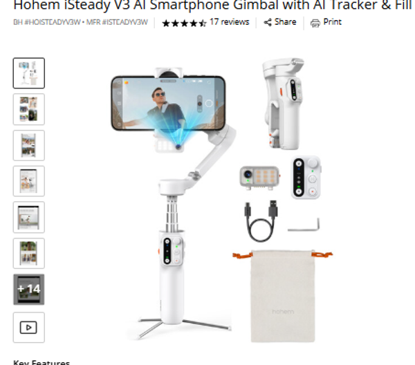 Stabilizers > Hohem iSteady V3 Hohem iSteady V3 Al Smartphone Gimbal with Al Tracker & Fill Light Module (White)