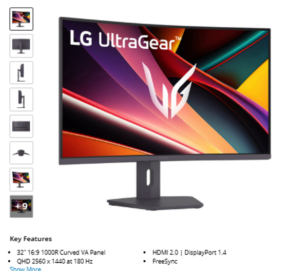 LG UltraGear 32" 1440p HDR 180 Hz Curved Gaming Monitor
