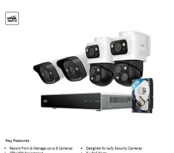 Security E8C00122 eufy Security S4 8-Channel NVR with 2TB HDD, Two S4 16MP Bullet-PTZ Cameras & Two E40 UHD 4K Bullet Cameras Kit
