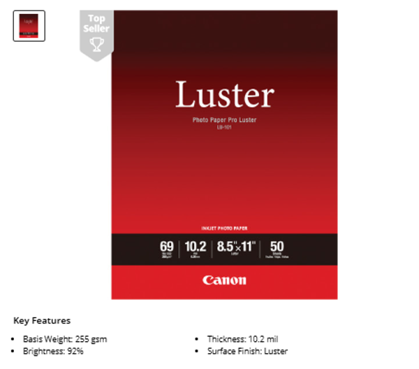 Canon Photo Paper Pro Luster (8.5 x 11", 50 Sheets)