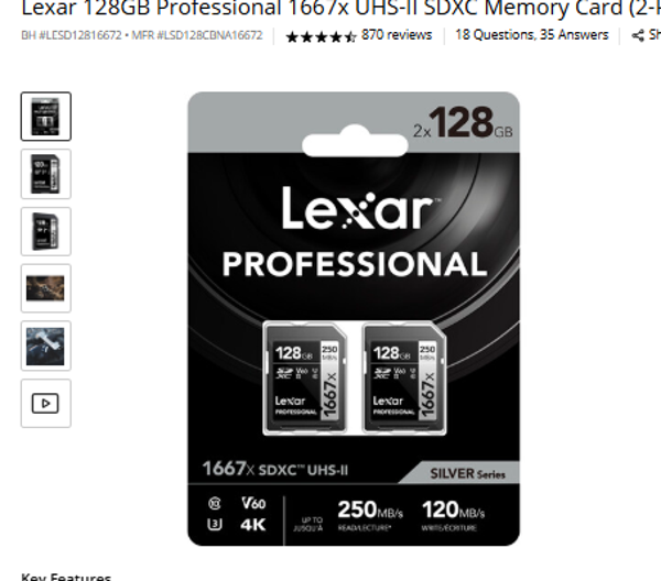 II SDXC Lexar 128GB Professional 1667x UHS-II SDXC Memory Card (2-Pack)
