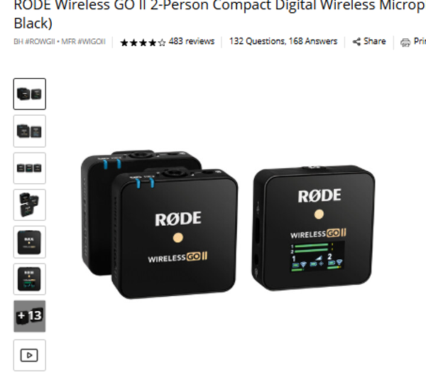 Gen 2 RODE Wireless GO II 2-Person Compact Digital Wireless Microphone System/Recorder (2.4 GHz, Black)
