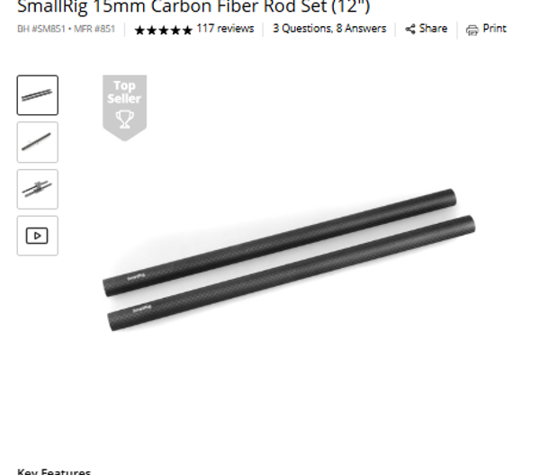 SmallRig 15mm Carbon Fiber Rod SmallRig 15mm Carbon Fiber Rod Set (12")