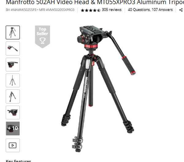 Manfrotto MVH502A Tripod System Manfrotto 502AH Video Head & MT055XPRO3 Aluminum Tripod Kit