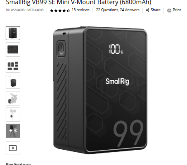 SmallRig VB99 SE Mini V-Mount Battery (6800mAh)