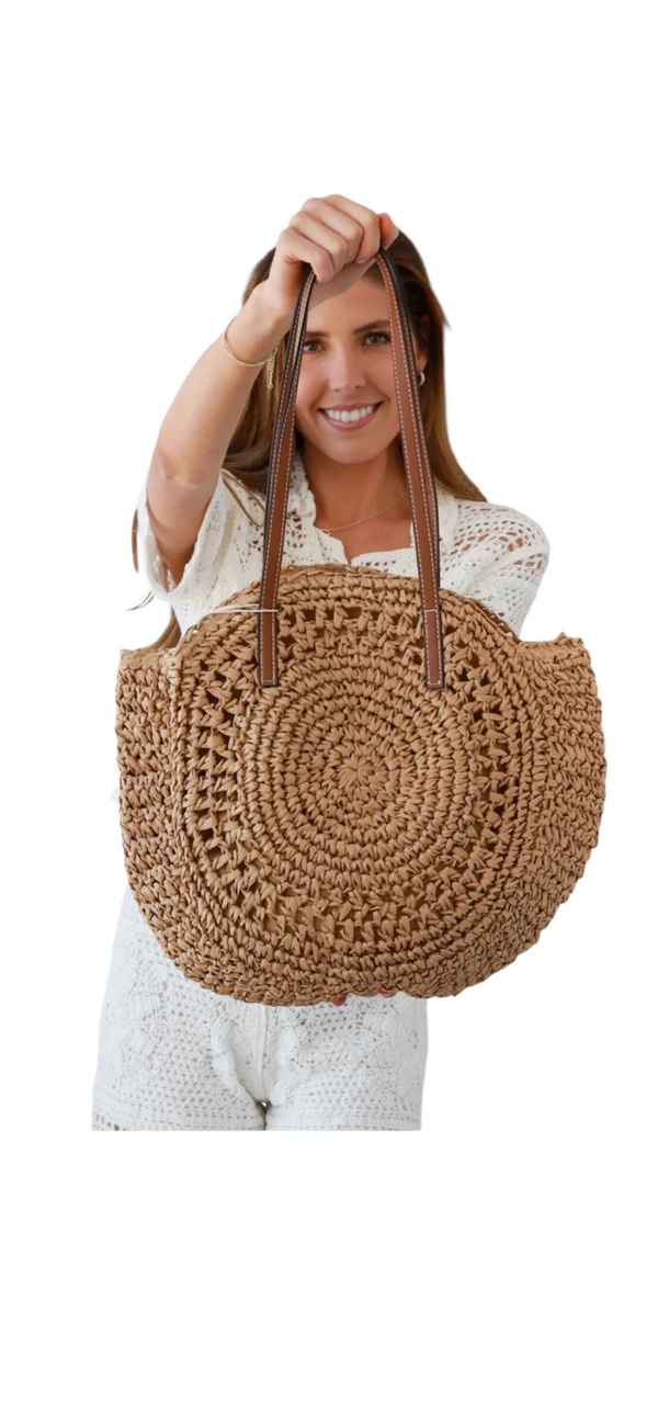 Round Tote Bag Weaved Straw Travel, Beach, Shopping