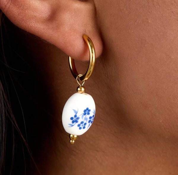 Porcelain Floral Hoop Earrings 18k Gold Plated