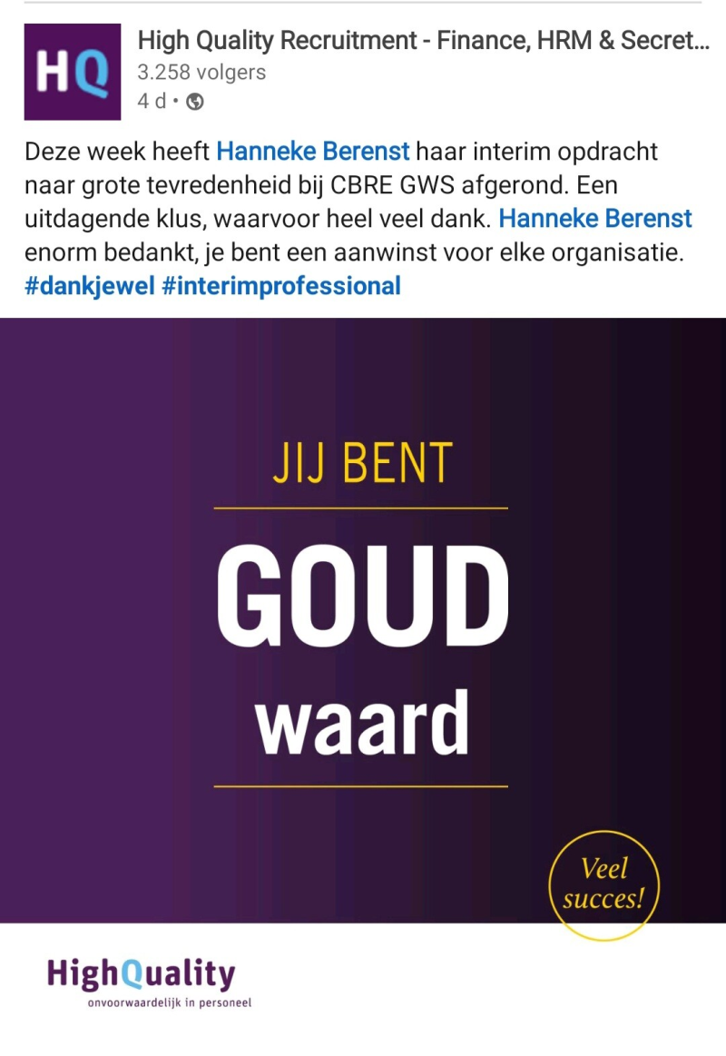 bericht op LinkedIn van High Quality Recruitment na opdracht bij CBRE 