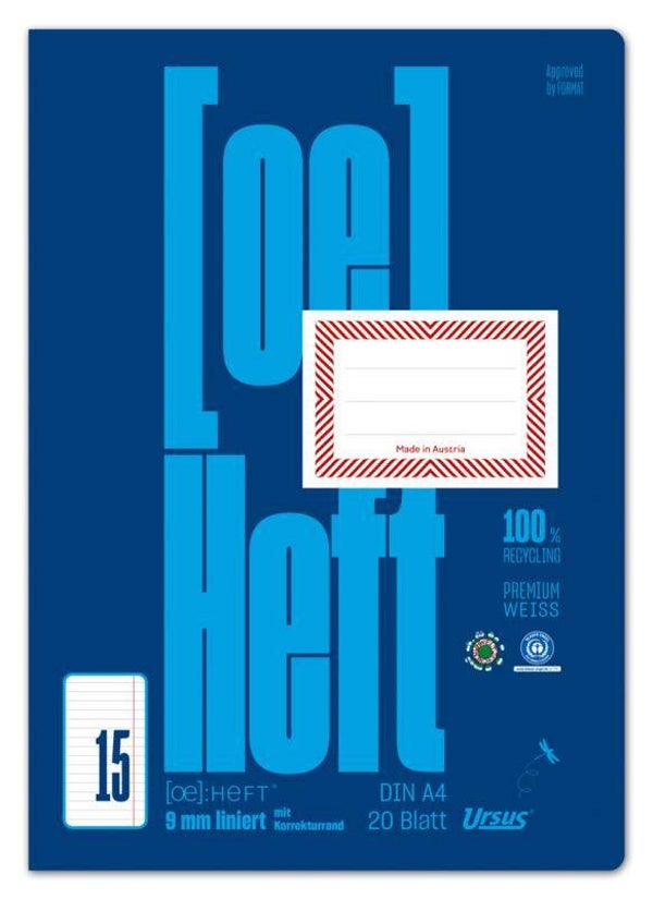 Schulheft OE.15 A4 20 Blatt 9 mm liniert mit Korrekturrand