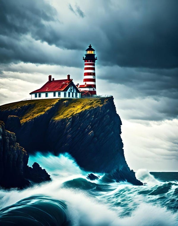 Kunstdruck: (BA 108) Leuchtturm auf Felsen