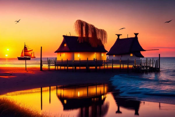 Kunstdruck: (BA 134) Fischerhaus Sonnenuntergang