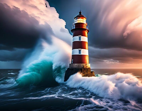 Kunstdruck: (BA 143) Leuchtturm bei rauer See