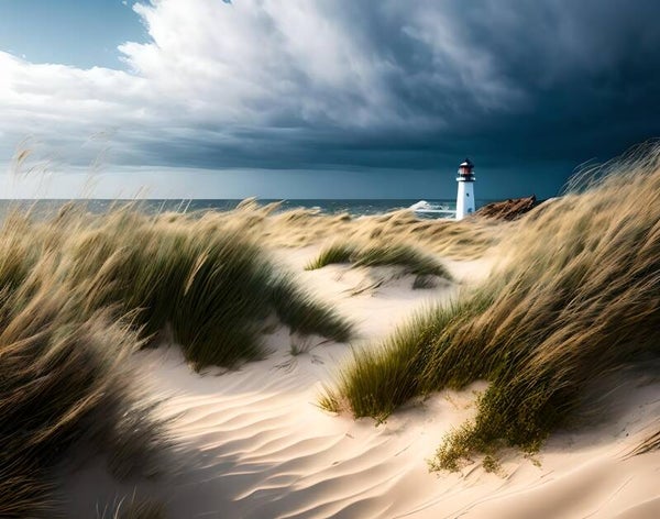 Kunstdruck: (MA 202) Dünen und Leuchtturm 1