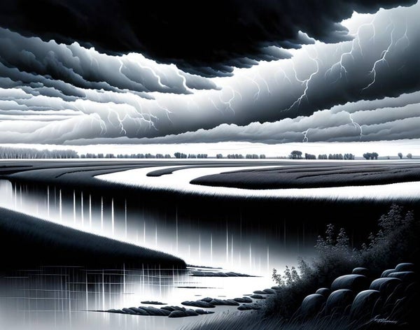 Kunstdruck: (LA 113) Flusslandschaft Unwetter s/w