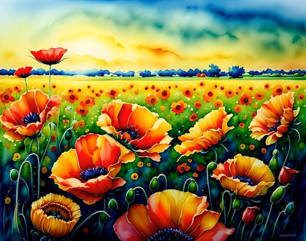 Kunstdruck: (LA 118) Mohnblumenfeld Wasserfarben