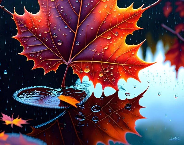 Kunstdruck: (LA 140) Laubblatt im Regen