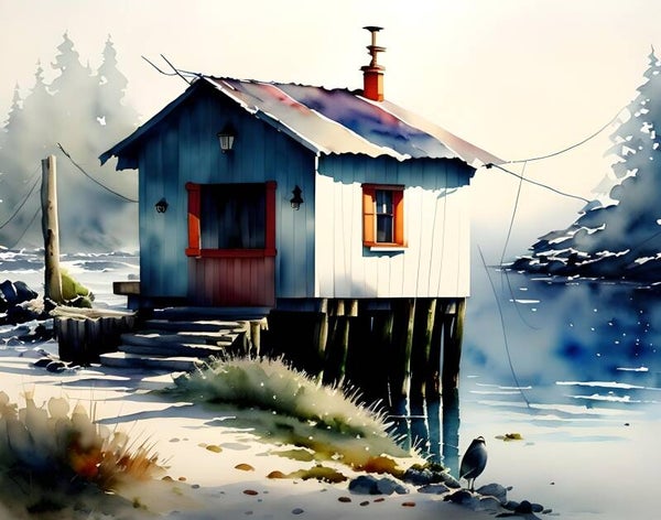 Kunstdruck: (LA 176) Fischerhaus am See, Wasserfarben