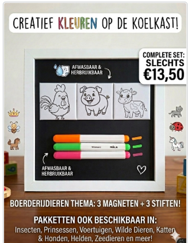 Kleur & Wis Magneetset – Boerderij Thema (3 Magneten + 3 Stiften)