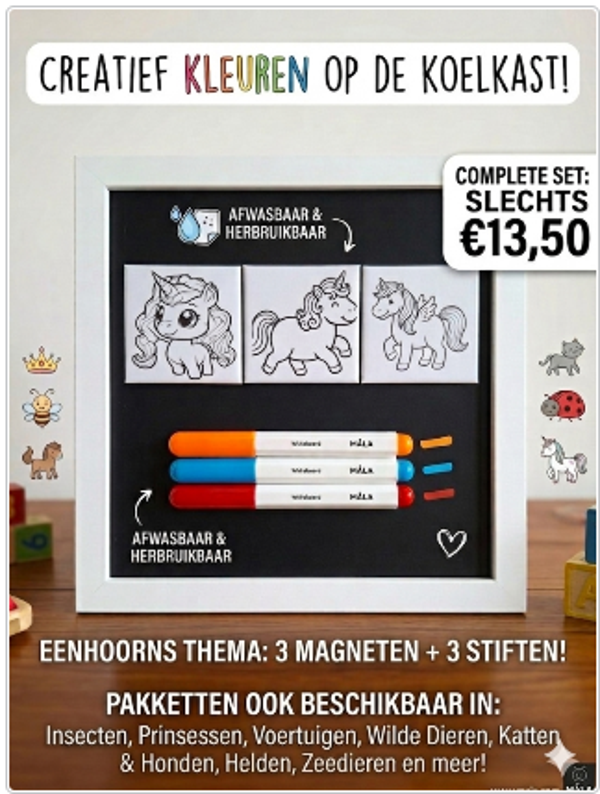Kleur & Wis Magneetset – Eenhoorns Thema (3 Magneten + 3 Stiften)