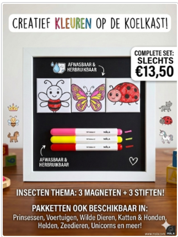 Kleur & Wis Magneetset – Insecten Thema (3 Magneten + 3 Stiften)