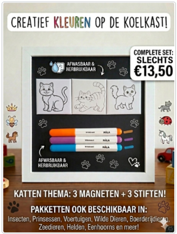 Kleur & Wis Magneetset – Katten Thema (3 Magneten + 3 Stiften)