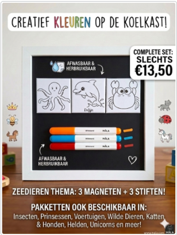 Kleur & Wis Magneetset – Zeedieren Thema (3 Magneten + 3 Stiften)