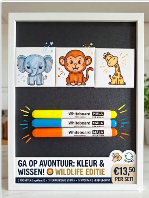 Kleur & Wis Magneetset – Wildlife Editie (3 Dieren + 3 Stiften)