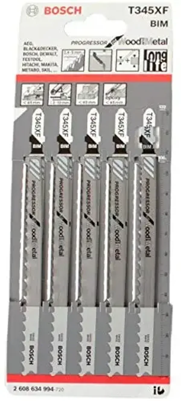 Set 5 Lame per seghetto alternativo PRO Multi Material thick and thin T345XF (per Legno con chiodi, Acciaio, Lunghezza 132 mm, Bosch