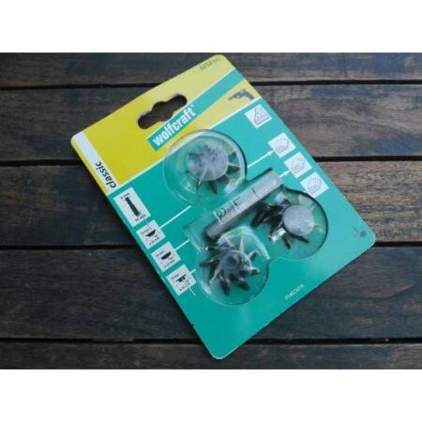 Set di 3 frese per smussi da trapano 3252 con  alberino e vite bloccaggio