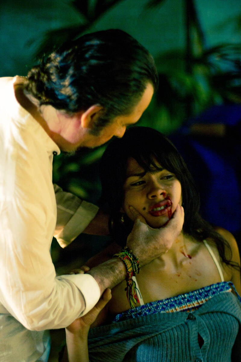Dramatic confrontation scene with staged effects makeup