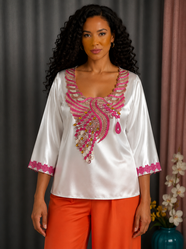Haut en satin Blanc/Rose