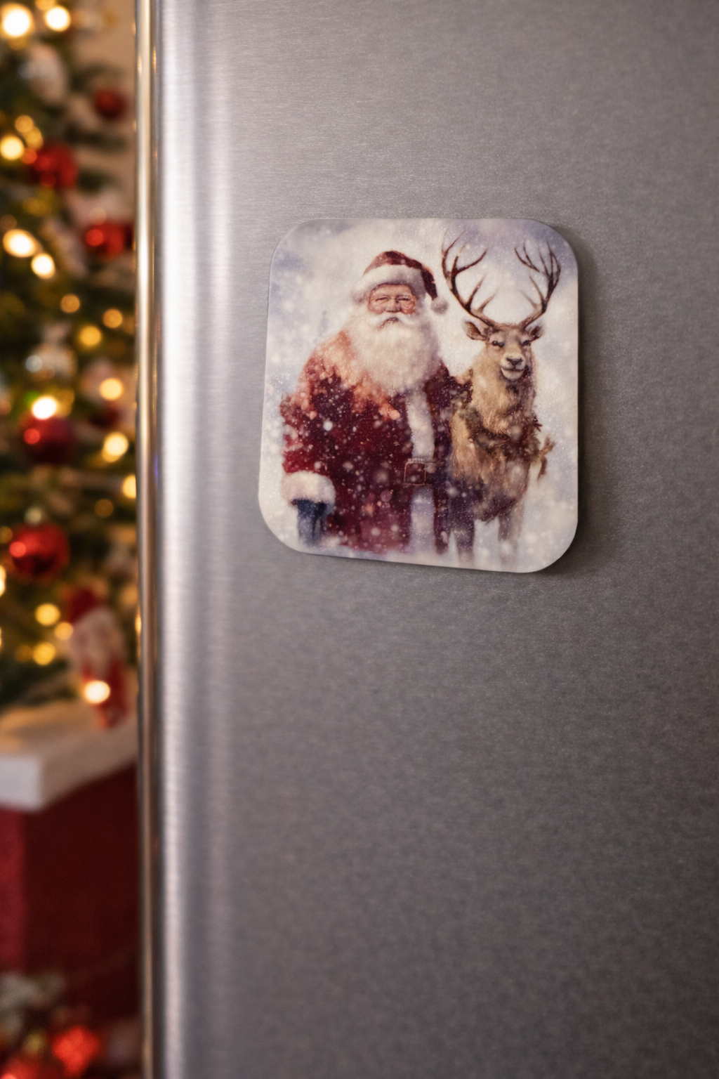 Kerstmagneet met kerstman en rendier