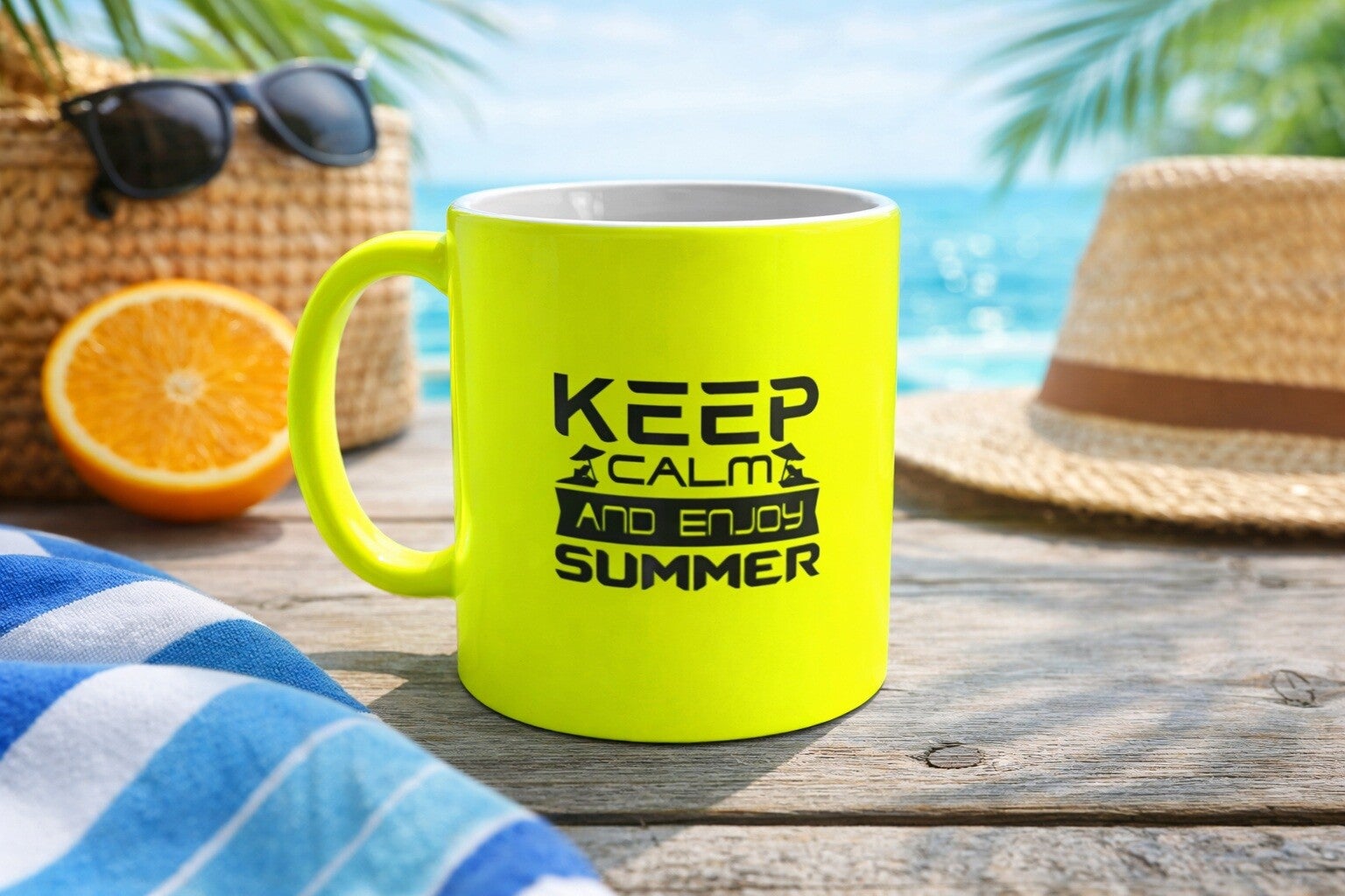 Neon Gele Mok “Keep Calm and Enjoy Summer