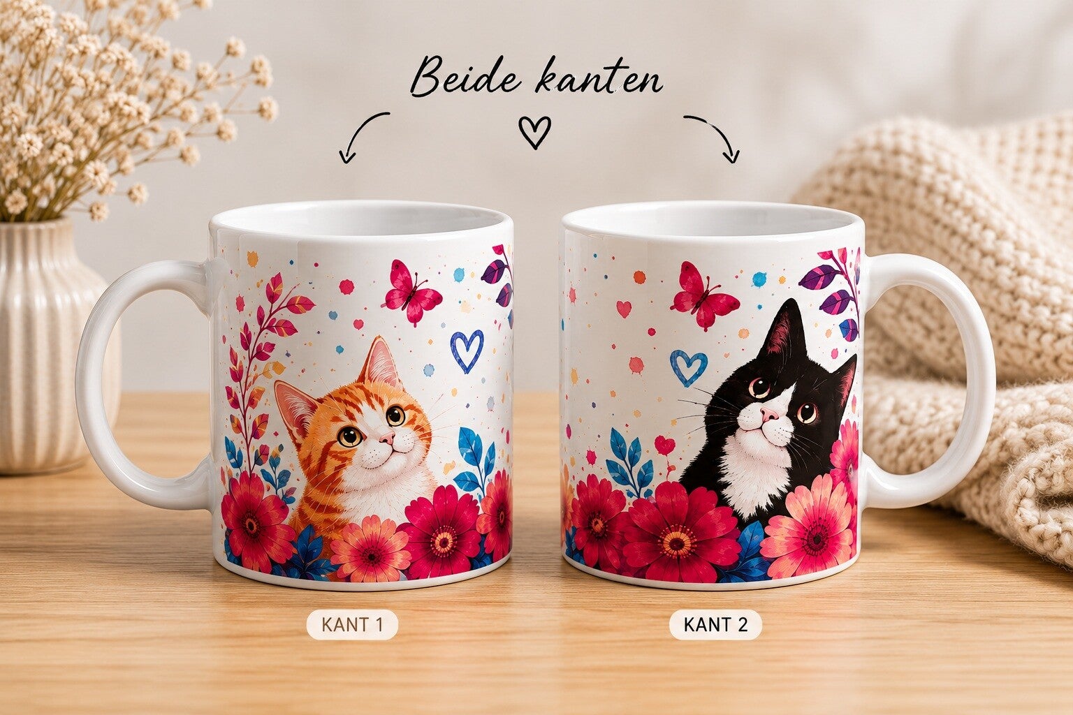 Mok met Katten en Bloemen – Kleurrijke Cadeaumok voor Kattenliefhebbers