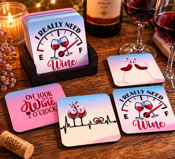Wijn Onderzetters Set met Houder – 4-delige Cadeauset voor Wijnliefhebbers