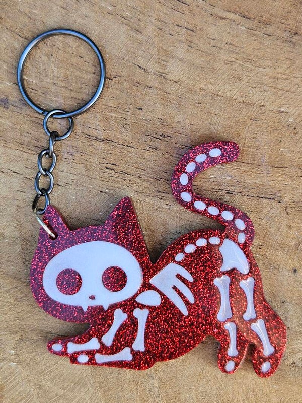 "Skeleton Kitty" Playfull Rood Glitter