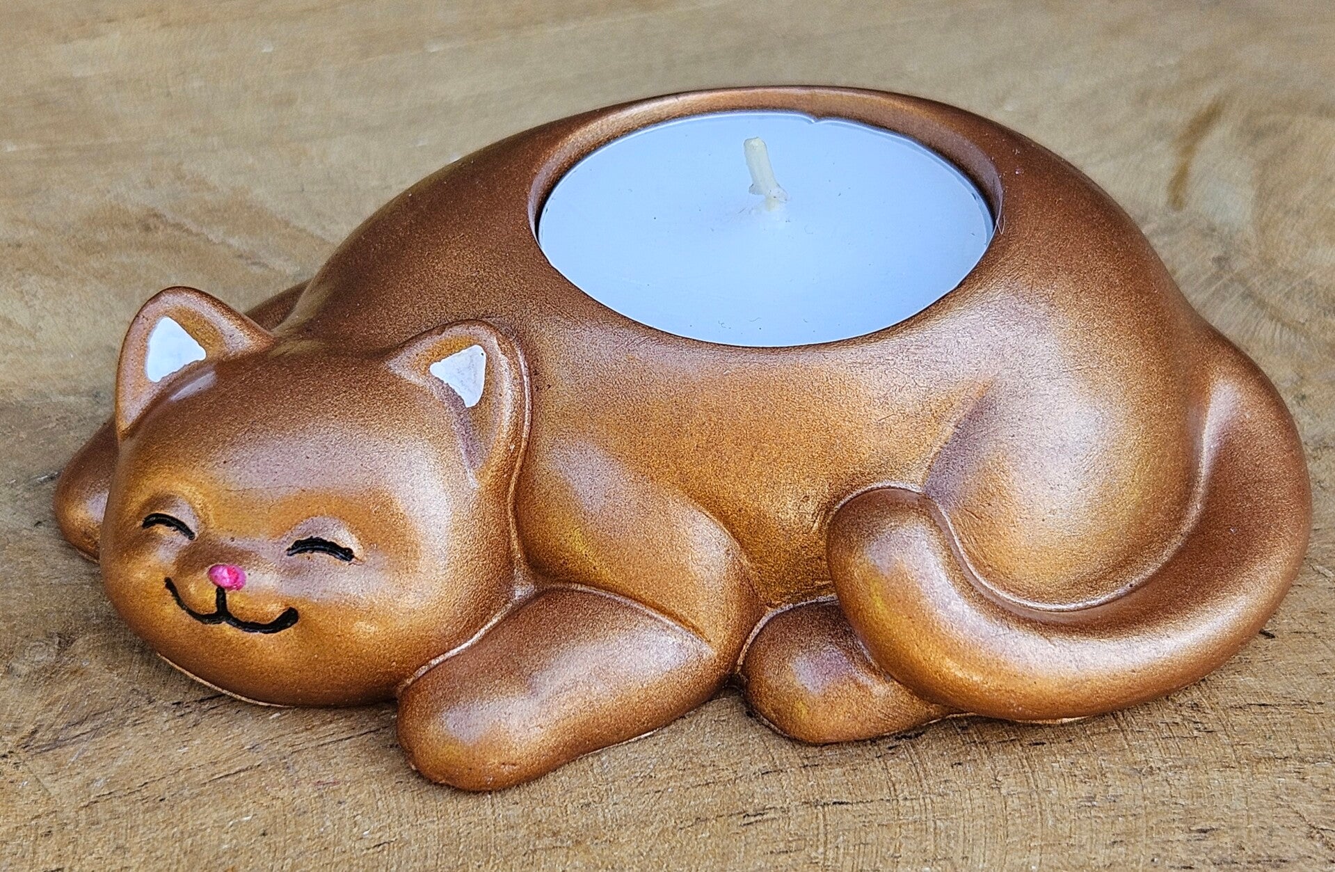 "Waxinelichthouder Kat" Brons