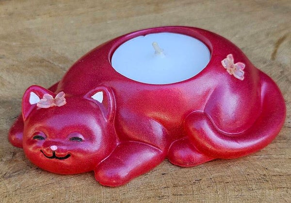 "Waxinelichthouder Kat" Metallic Rood Butterfly