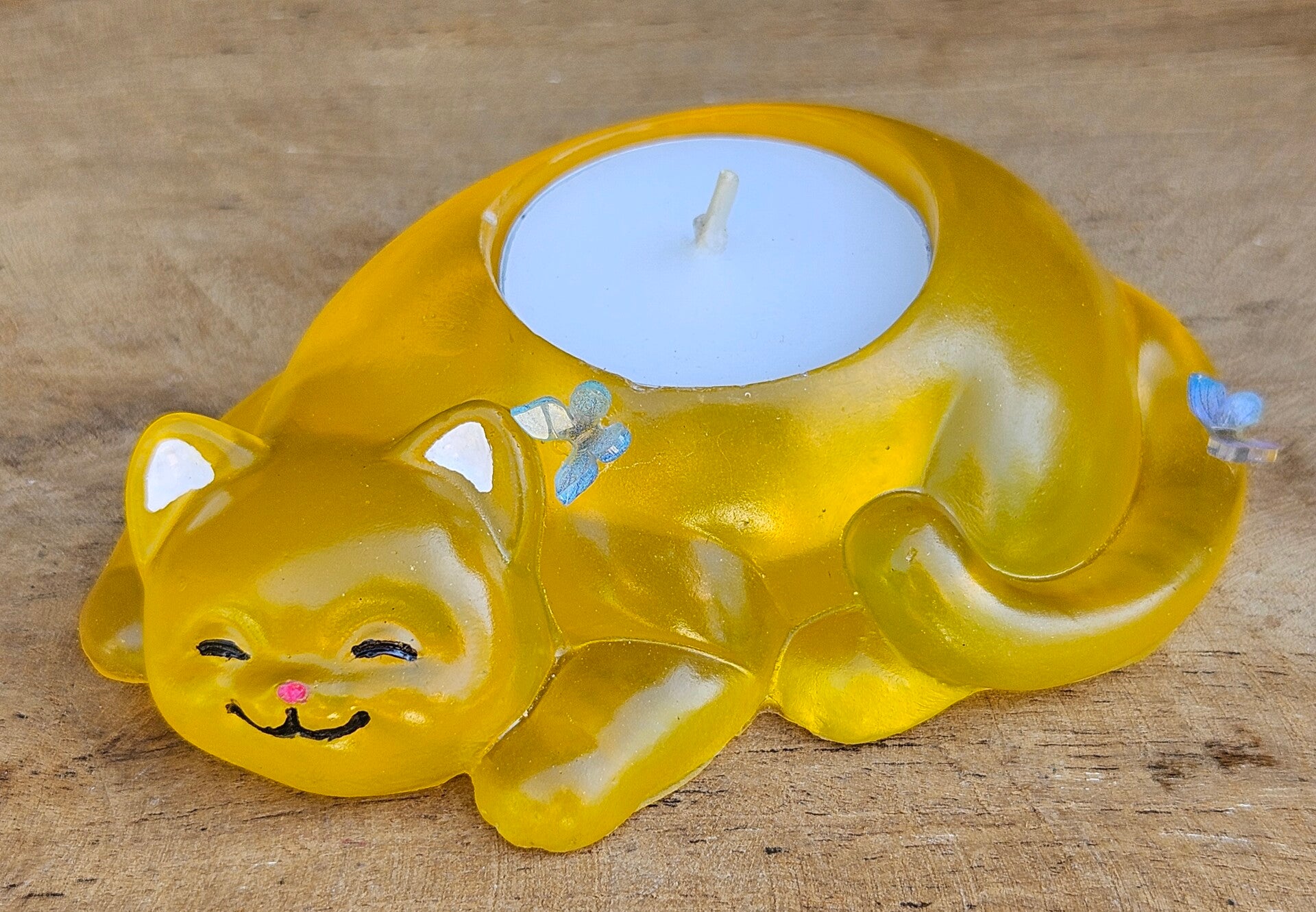 "Waxinelichthouder Kat" Transparant Geel Butterfly