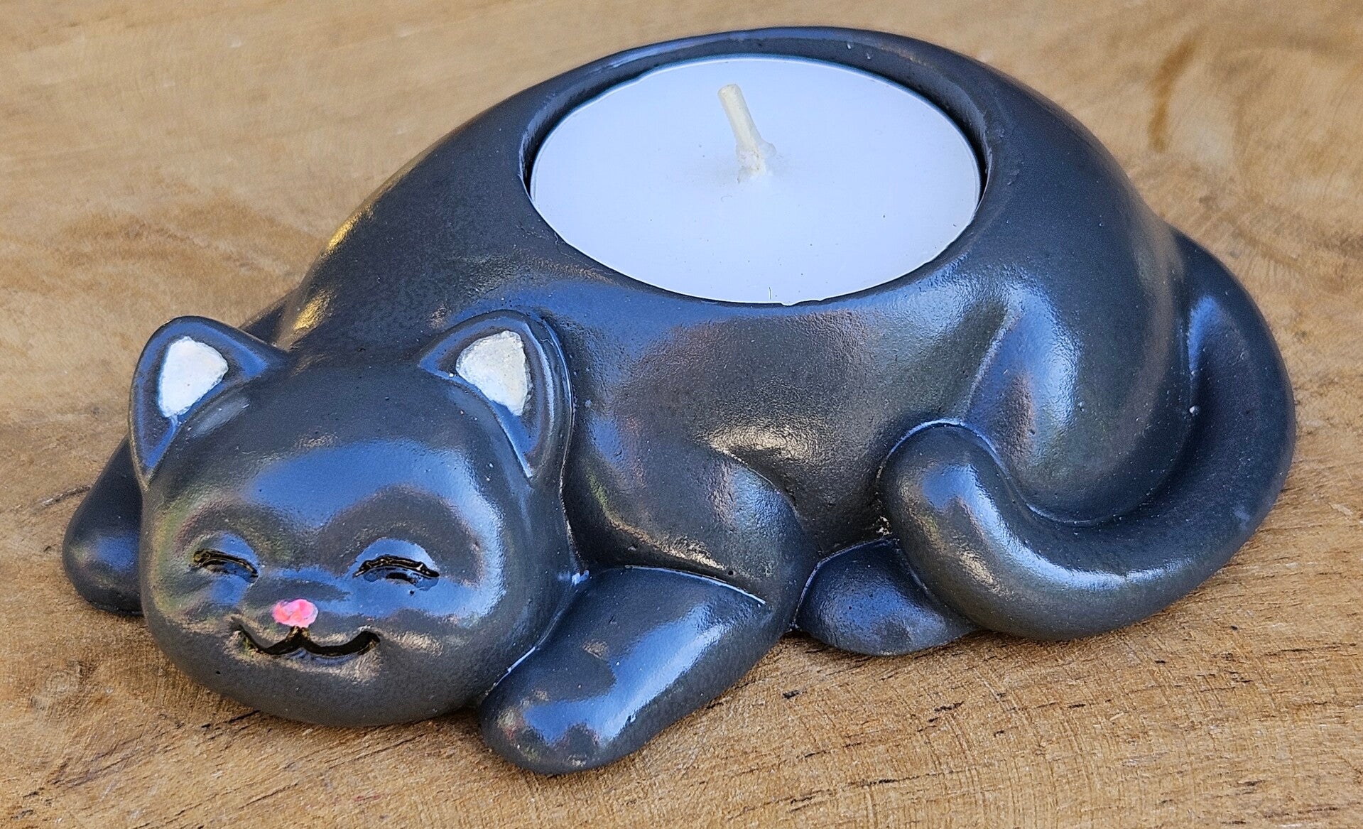 "Waxinelichthouder Kat" Antraciet Gips