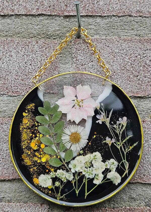 "Muurcirkel" Klein Black Golden Flowers 3