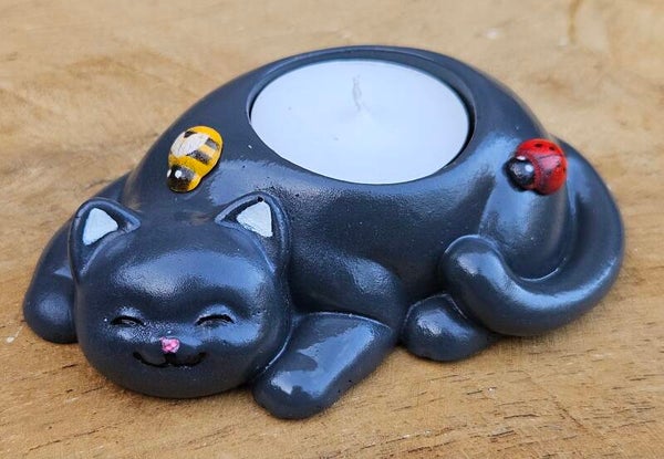 "Waxinelichthouder Kat" Antraciet Gips Bij