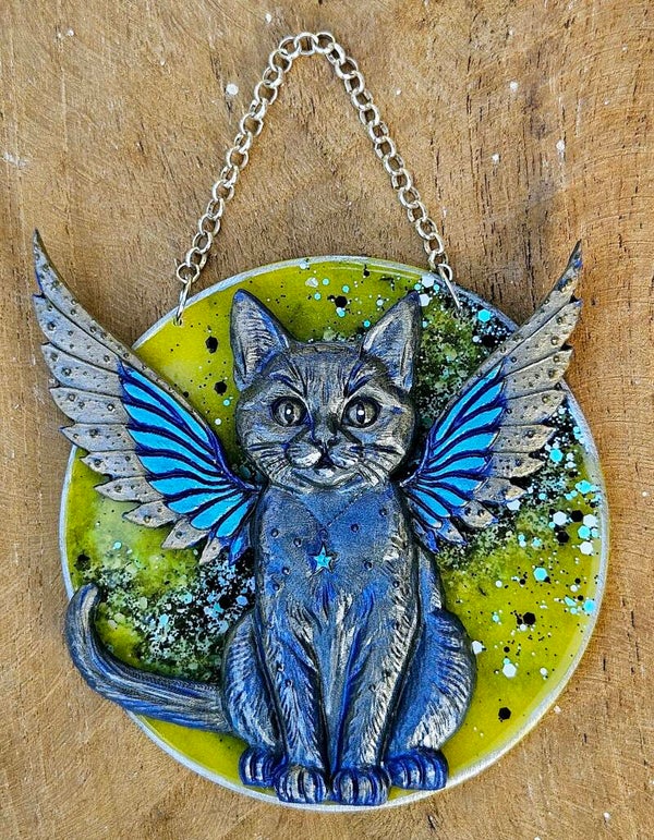 "Purrrfect Kitty" Hanger Rond Geel Glitter 1