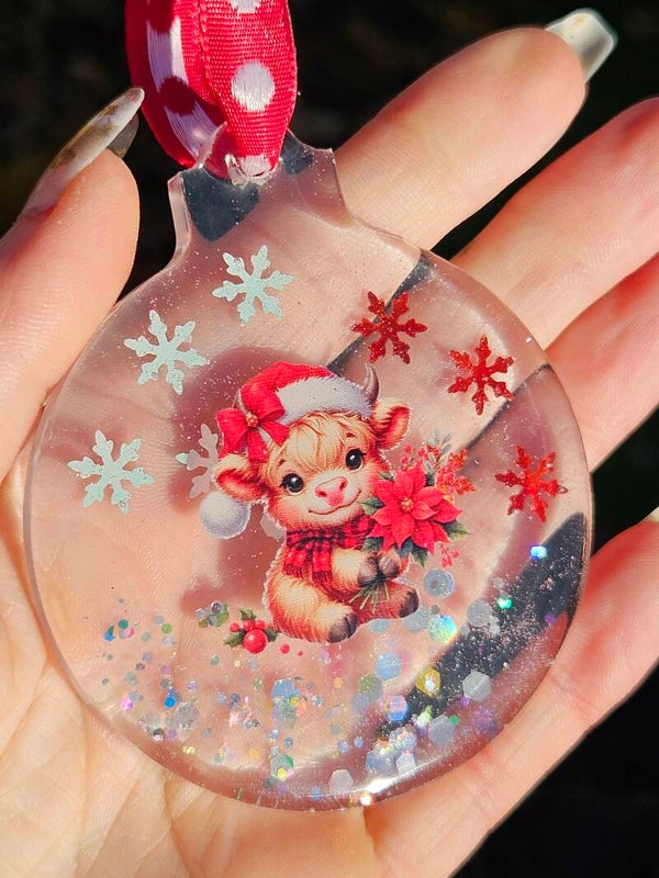 Hanger "Kerstbal" Koetje Transparant glitter