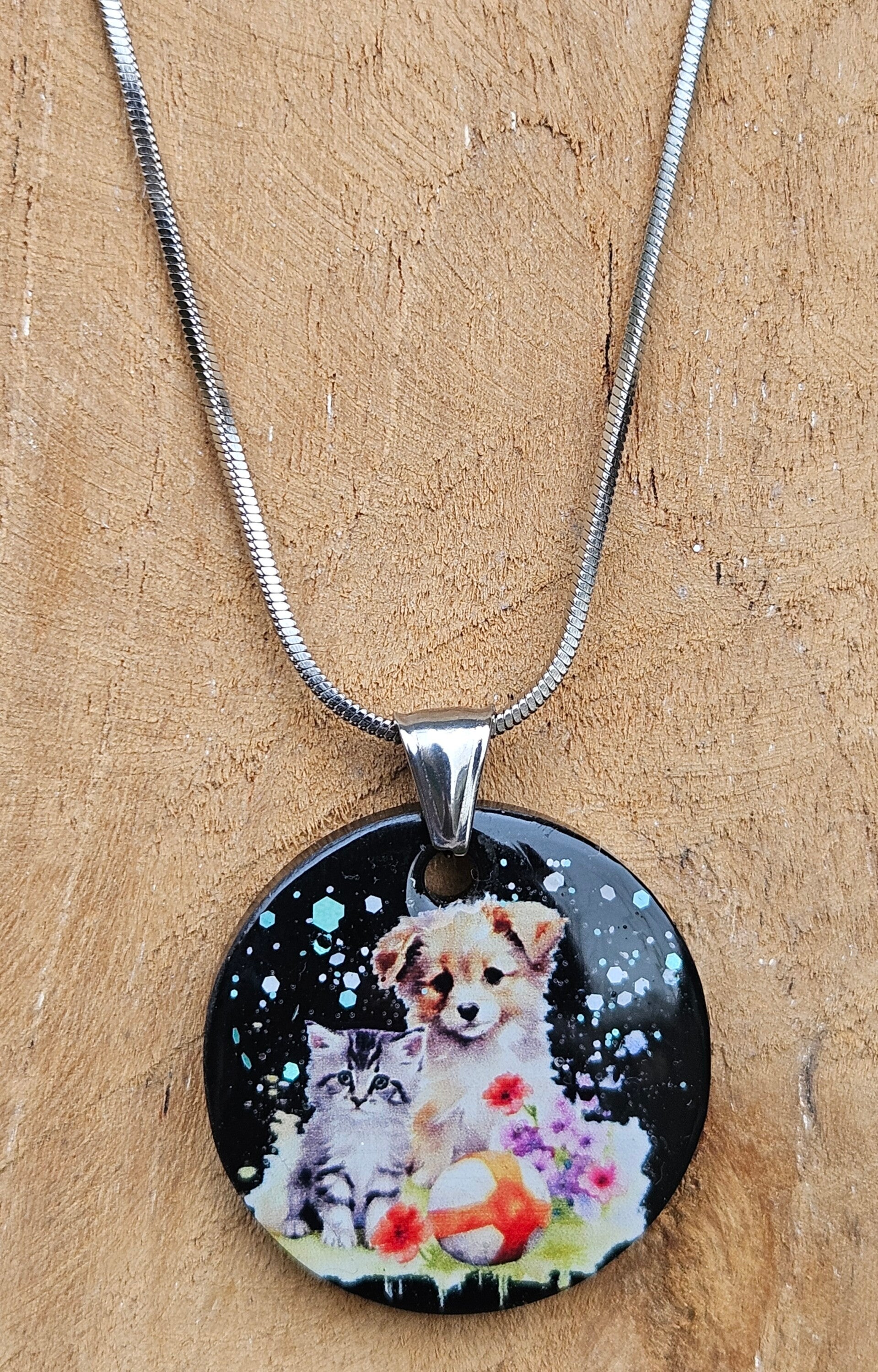 RVS ketting met epoxy hanger "Hond en Kat"