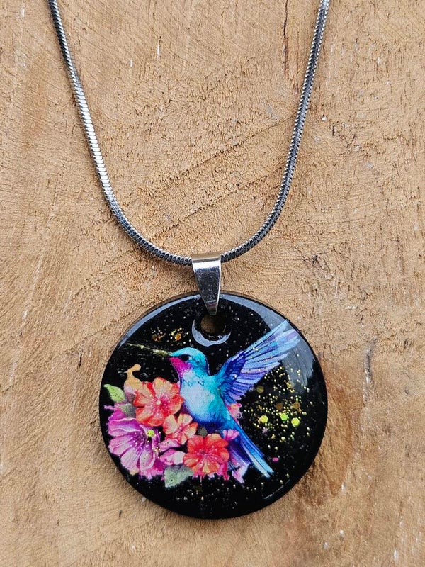 RVS ketting met epoxy hanger "Kolibrie"