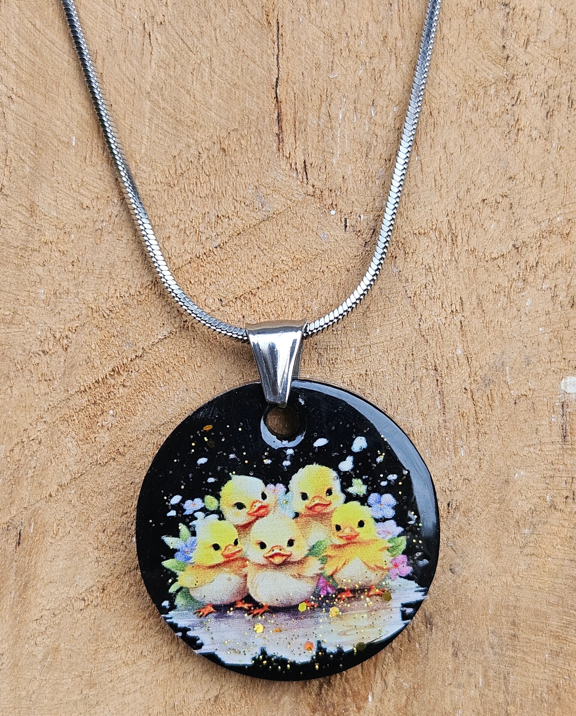 RVS ketting met epoxy hanger "Eendjes"