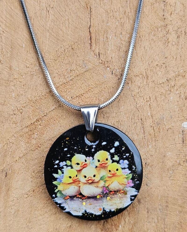 RVS ketting met epoxy hanger "Eendjes"