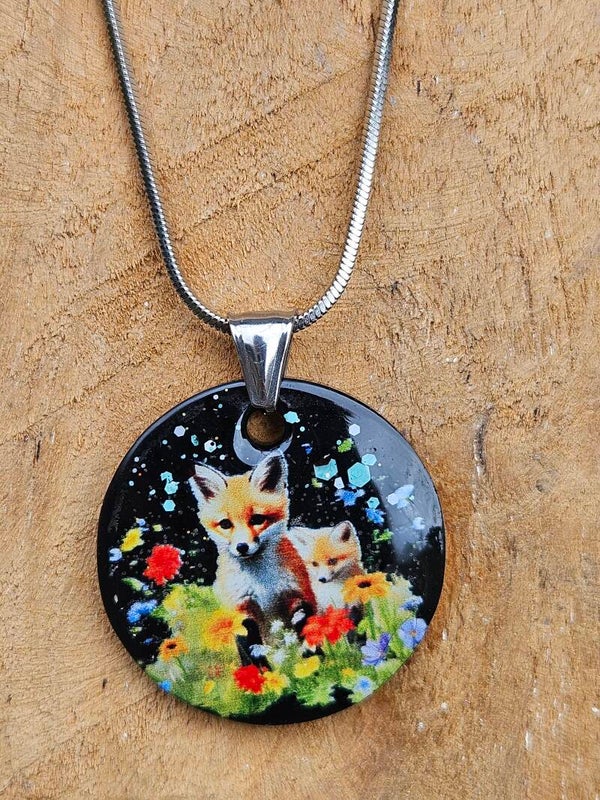 RVS ketting met epoxy hanger "Vosjes"